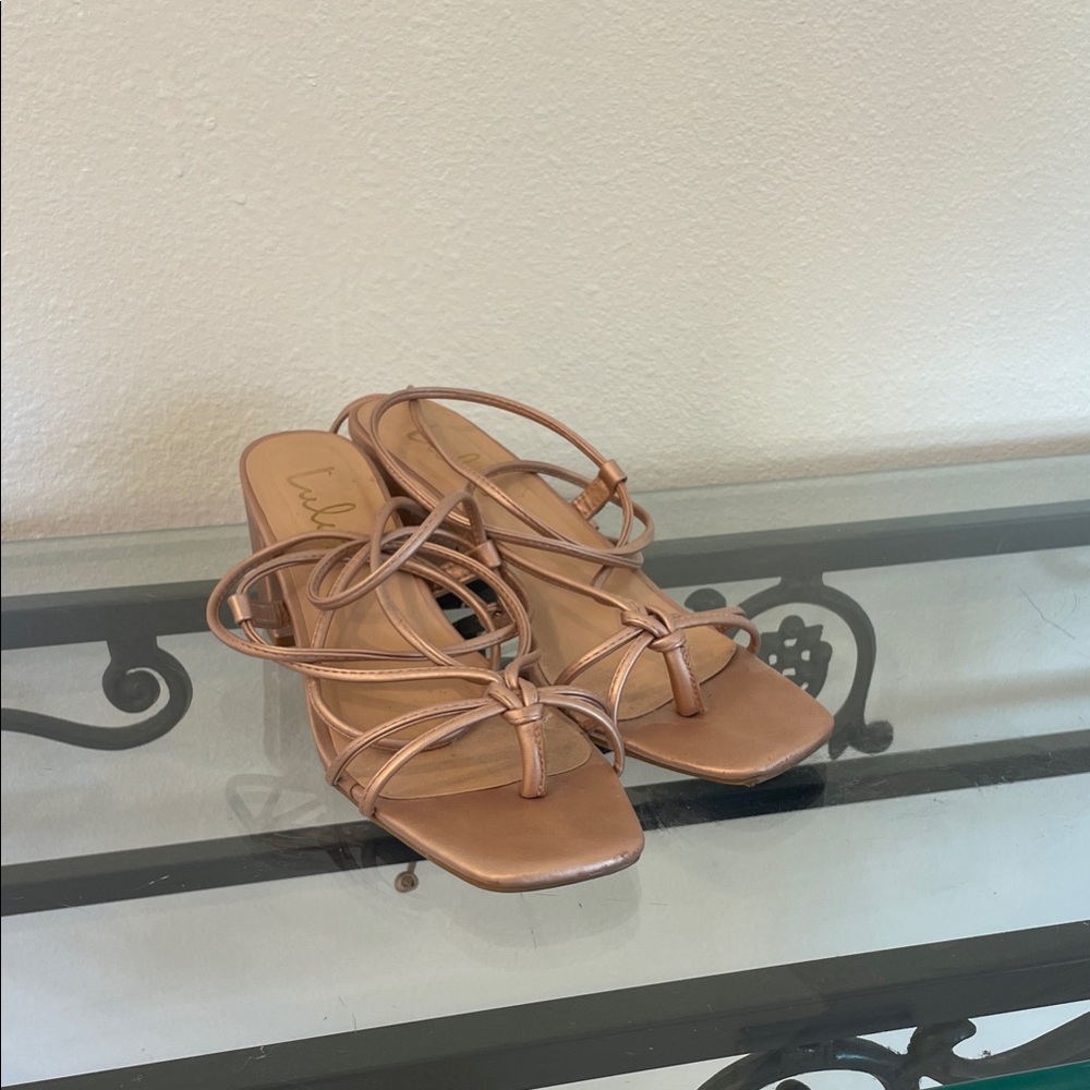Lulu’s Rose Gold and Tan Strappy Lace Up Low Heels